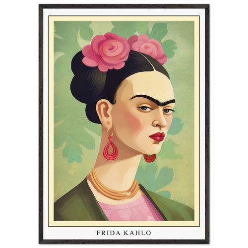 Artfulprints Poster met Lijst Frida Kahlo - Floral icon portrait   - 70x100 cm - Groen