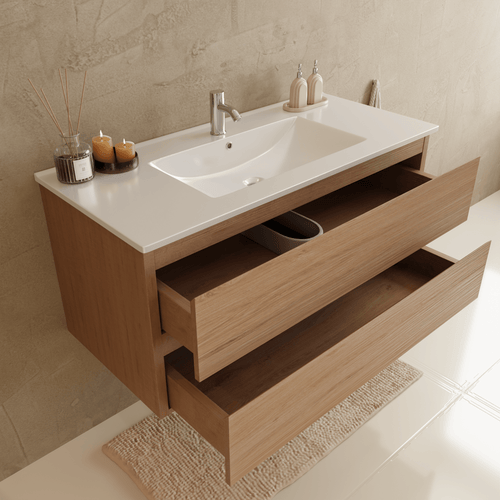LOMAZOO badmeubelset Verona - met hoge kast & witte wastafel - licht eiken - 100 cm