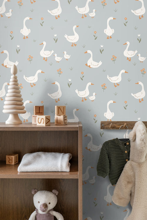 ESTAhome behang schattige ganzen blauw - 50 x 900 cm - 131828