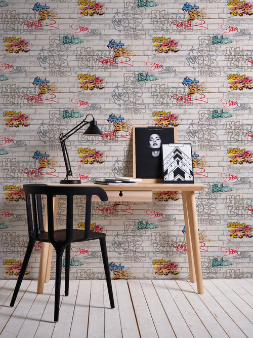 A.S. Création behang graffiti grijs, oranje en blauw - 53 cm x 10.05 m - AS-935611