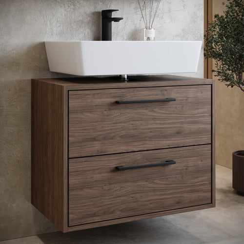 Badplaats Wastafelkast Set Florence 60 x 35 cm – Walnoot Bruin – Badmeubel met Spiegelkast en Kolomkast