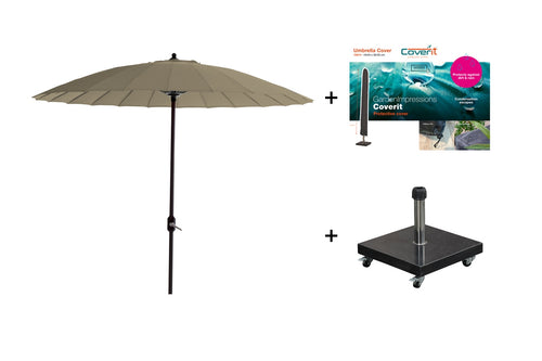 Set ronde Manilla parasol - met voet en hoes - 250 cm - Taupe