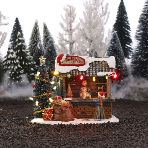 Luville Kerstdorp Miniatuur Santa's Gifts Cadeaukraam - Kerstversiering met Verlichting - Kerst Decoratie voor Binnen - Werkt op Batterijen of Adapter
