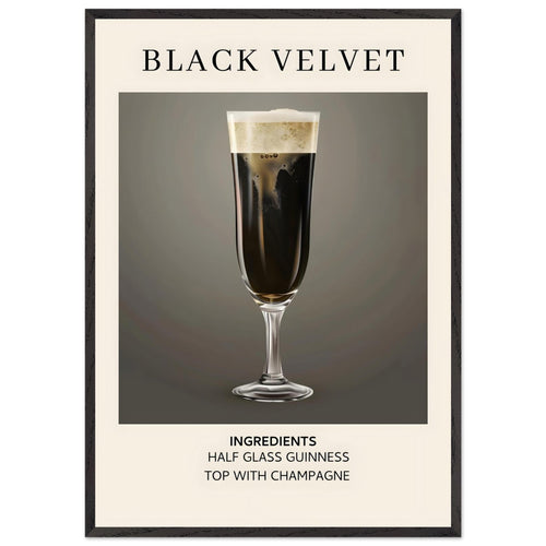 Artfulprints Poster met Lijst Black Velvet cocktail - Ingrediënten   - 70x100 cm - Zwart / Wit
