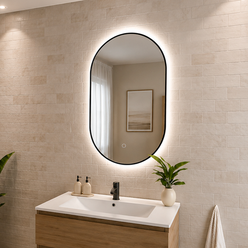 LOMAZOO badkamerspiegel Tanger - draaibaar - met LED verlichting & spiegelverwarming - ovaal - zwart - 90 x 60 cm