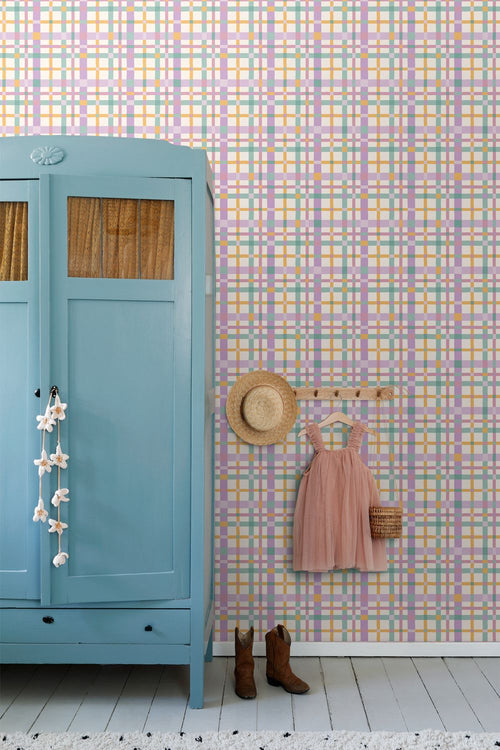 ESTAhome behang ruitjes paars, geel en blauw - 50 x 900 cm - 132047