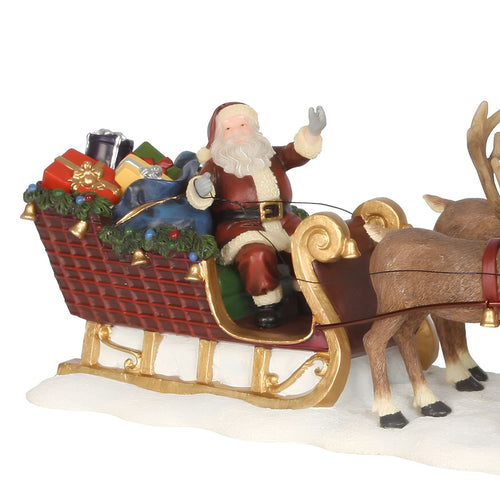 Luville Originals Kerstman met Rendierenslee - Kerstversiering voor Kerstdorp Miniatuur - Kerst Decoratie met Rendieren en Cadeaus - L21 x B7 x H8 cm