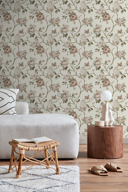 ESTAhome behang vintage bloemen gebroken wit en oudroze - 53 cm x 10.05 m - 139406