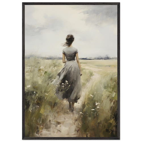 Artfulprints Poster met Lijst Woman in flowerfield   - 70x100 cm - Groen