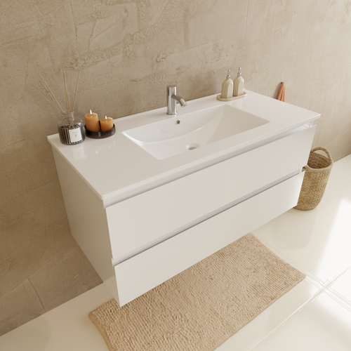 LOMAZOO badmeubelset Verona - met hoge kast & witte wastafel - glanzend wit - 100 cm