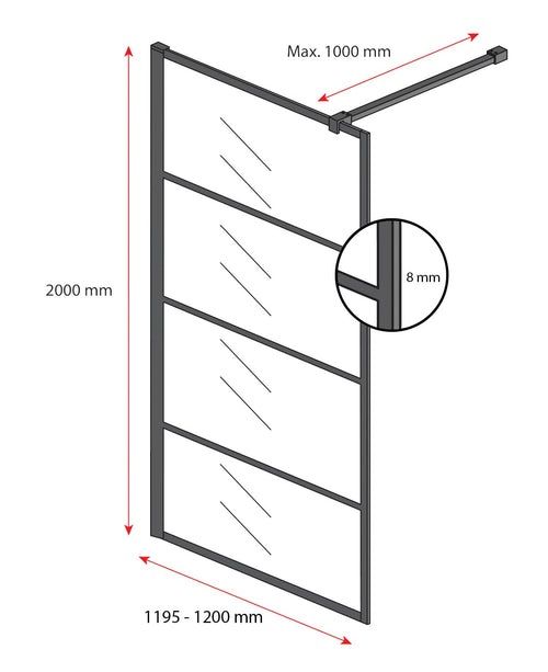Badplaats Douchewand Essos 120 x 200 cm – Zwart – Inloopdouche 8 mm Rookglas