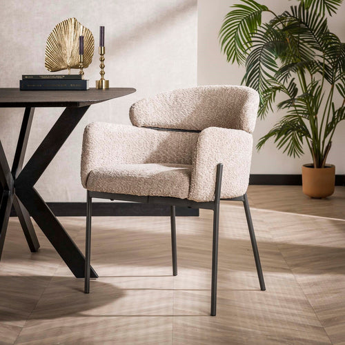 Giga Meubel Eetkamerstoel Ronde Rug - Zand Bouclé - Set van 2