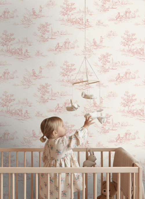 ESTAhome behang toile de jouy print zacht roze - 50 x 900 cm - 132108