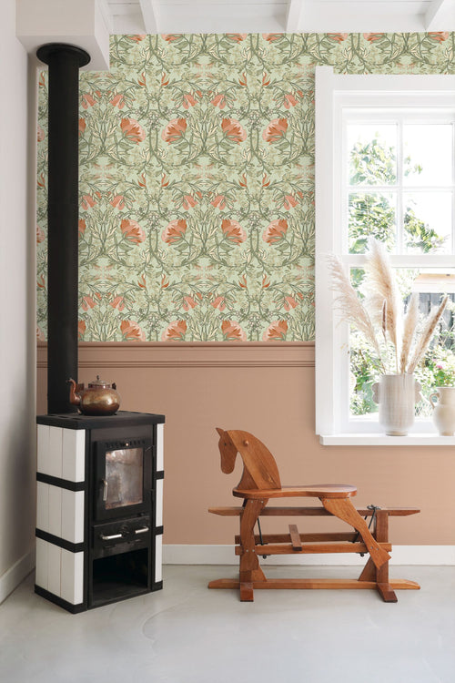 ESTAhome behang vintage bloemen in art nouveau stijl groen en terracotta - 50 x 900 cm - 131852
