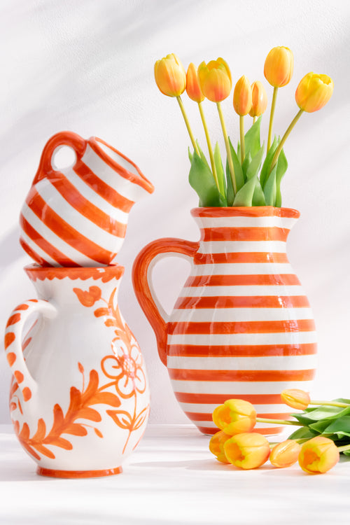 J-Line kruik Granada Stripes - keramiek - wit/oranje - small