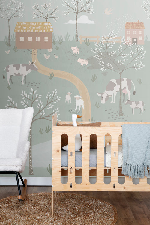 ESTAhome fotobehang boerderij dieren vergrijsd groen - 200 x 279 cm - 159242 - vtwonen shop