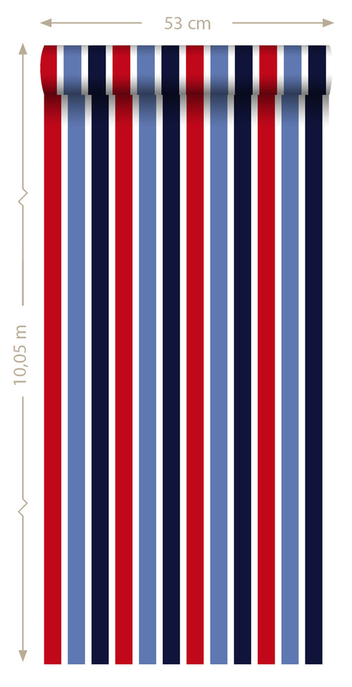 ESTAhome behang verticale strepen donkerblauw, rood en wit - 53 cm x 10.05 m - 138705