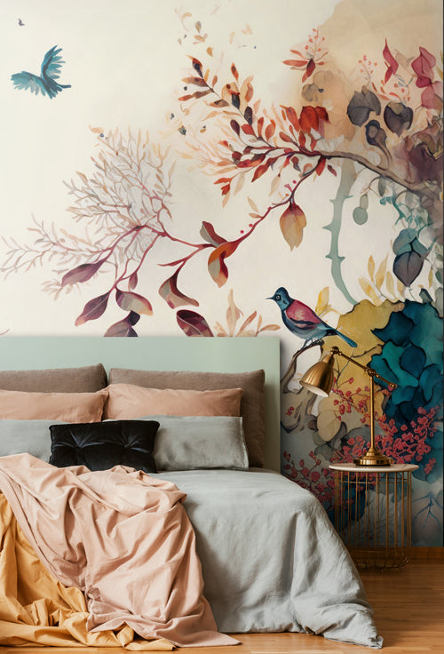 Sanders & Sanders fotobehang tropische jungle bladeren en paradijsvogels beige, blauw en geel - 300 x 279 cm - 950030 - vtwonen shop