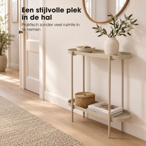 Mica Decorations Myron Bijzettafel Ovaal Beige - Salontafel met Twee Opbergplateaus - Nachtkastje van Stevig IJzer - Plantentafel voor Woonkamer, Hal