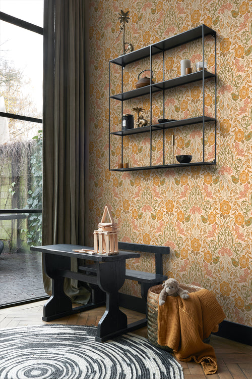 ESTAhome behang bloemen en vogels in art nouveau stijl oranje en groen - 50 x 900 cm - 131696