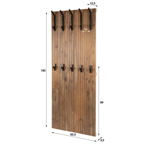 Giga Meubel Kapstok Panel Hoog Bruin – Massief Acaciahout – 10 Haken – 63x13x160 cm