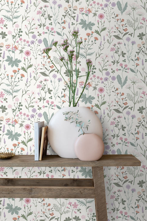 ESTAhome behang veldbloemen lila paars, roze en groen - 53 cm x 10.05 m - 139482