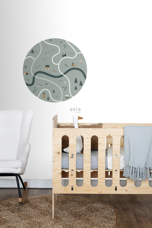 ESTAhome zelfklevende behangcirkel tractoren en boerderijdieren vergrijsd groen - Ø 70 cm - 159068