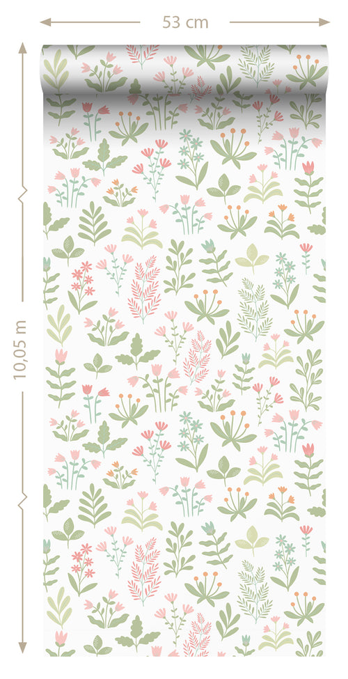 ESTAhome behang veldbloemen groen en roze - 50 x 900 cm - 131094 - vtwonen shop