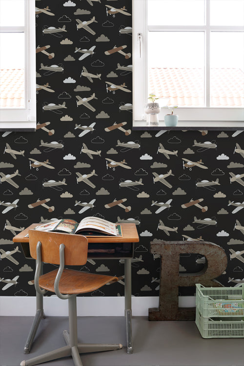 ESTAhome behang vliegtuigen zwart en bruin - 50 x 900 cm - 139805 - vtwonen shop