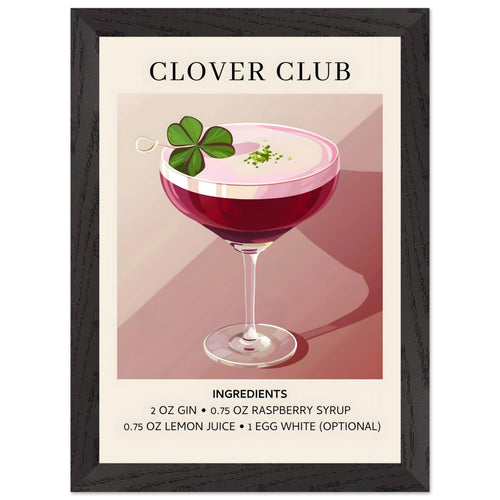 Artfulprints Poster met Lijst Clover Club cocktail - Ingrediënten   - A4 21x29.7 cm - Roze