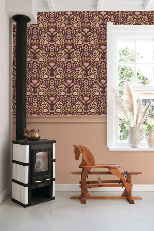 ESTAhome behang vintage bloemen donker paars en groen - 50 x 900 cm - 131894