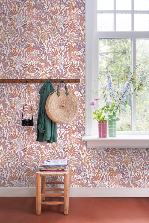 ESTAhome behang tropische bladeren en bloemen oranje en paars - 50 x 900 cm - 131667
