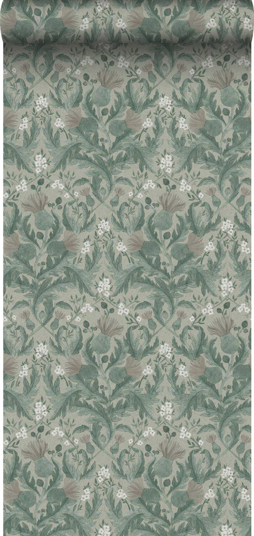 Borastapeter behang vintage bloemen in art nouveau stijl vergrijsd groen - 53 cm x 10.05 m - 660408