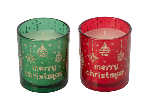 J-Line Kaars Merry Christmas - glas - kerstrood/smaragdgroen - assortiment van 2