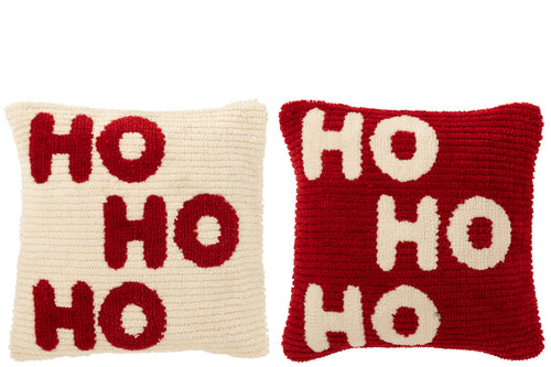 J-Line kussen Hohoho - polyester - kerstrood/wit - 2 stuks