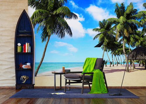 Sanders & Sanders fotobehang strand blauw, beige en groen - 375 x 270 cm - 600516