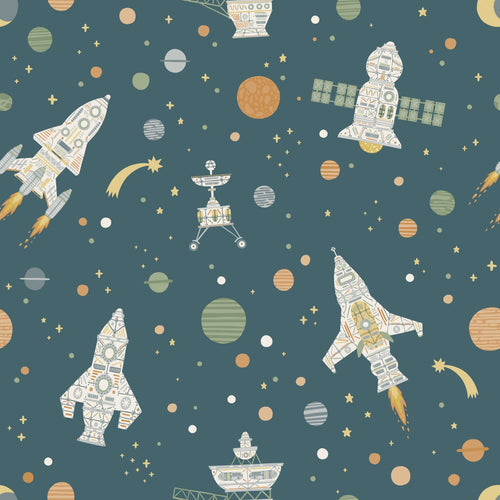 ESTAhome behang planeten in de ruimte blauw, groen en bruin - 50 x 900 cm - 132070