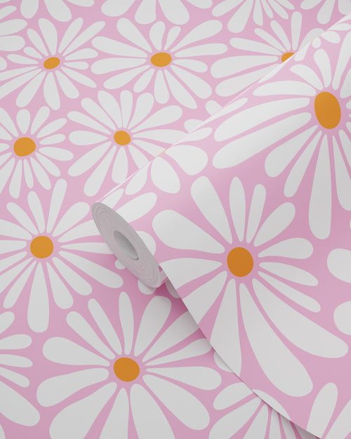 ESTAhome behang madeliefjes roze, wit en oranje - 50 x 900 cm - 131814