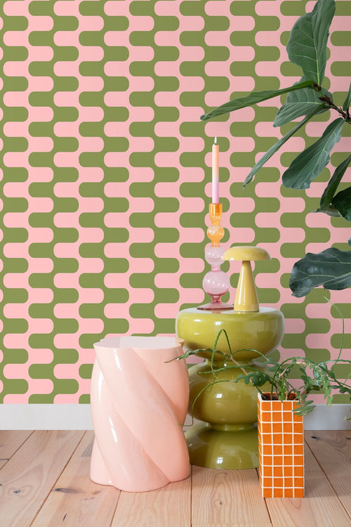 ESTAhome behang golvende lijnen groen en roze - 50 x 900 cm - 131835