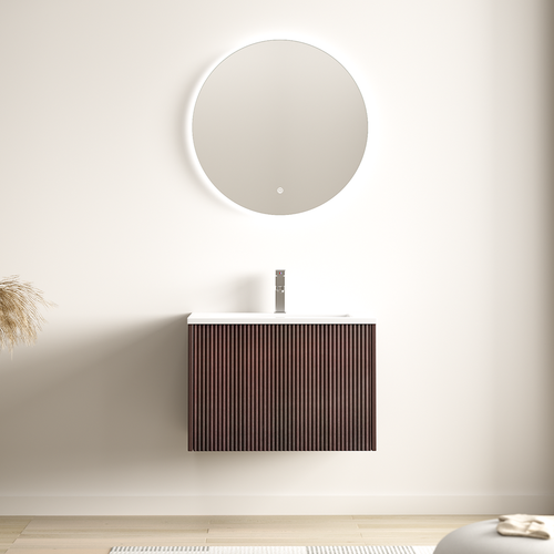 LOMAZOO badkamermeubel Sovina - zwevend met ribbelfront & witte wastafel - walnoot - 60 cm