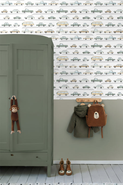 ESTAhome behang auto's vergrijsd groen, grijs en beige - 50 x 900 cm - 139537
