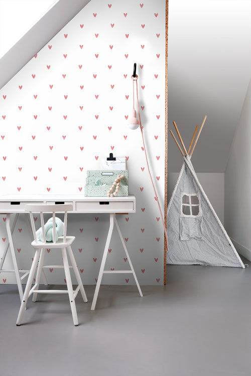 ESTAhome behang hartjes wit en roze - 50 x 900 cm - 131630