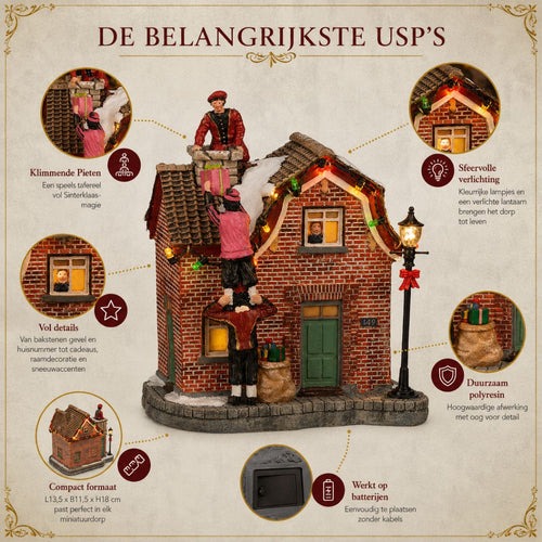 Luville Collectables Pieten Beklimmen Huis - Kerstdecoratie met Bewegende Pieten en Verlichting - Werkt op Batterijen - Polyresin - 13,5 x 11,5 x 18