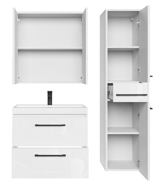 Badplaats Badkamermeubel Set Florence 60 cm – Hoogglans Wit – Hangend Badmeubel met Wastafel, Spiegelkast en Zijkast