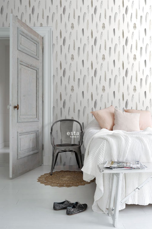 ESTAhome behang veren licht crème beige - 53 cm x 10.05 m - 138893