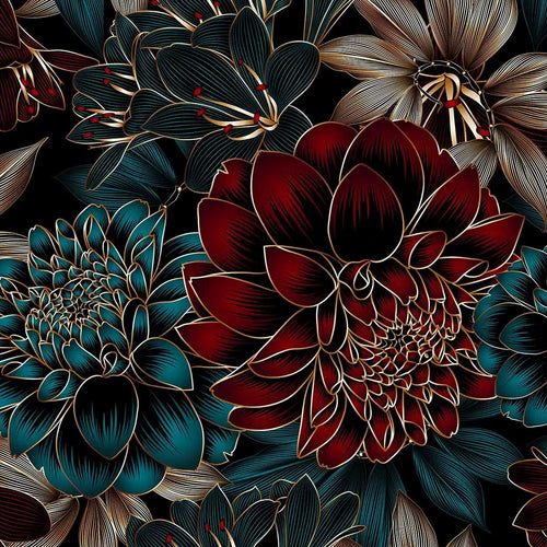 Sanders & Sanders fotobehang bloemen donkerblauw, rood en goud - 375 x 270 cm - 601461