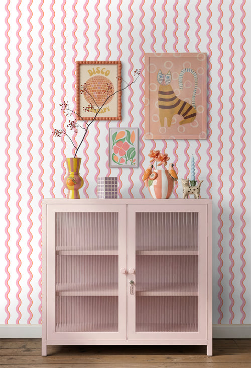 ESTAhome behang golvende strepen roze, oranje en wit - 50 x 900 cm - 131722