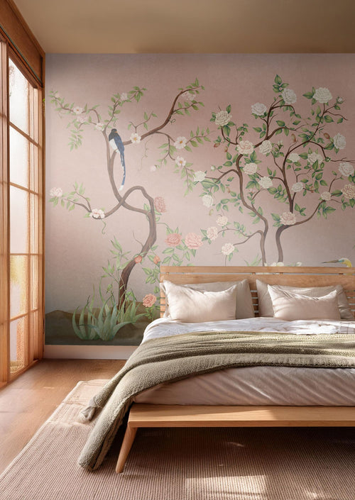 Sanders & Sanders fotobehang bloemen en vogels roze en groen - 424 x 280 cm - 640799