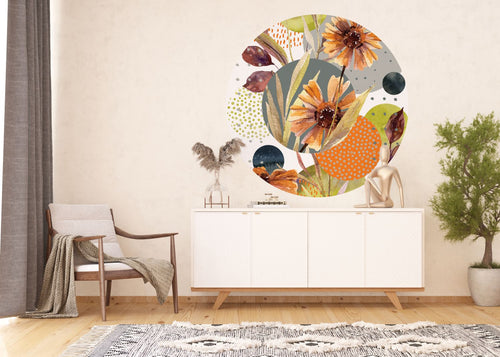 Sanders & Sanders zelfklevende behangcirkel bloemen groen, oranje en grijs - Ø 140 cm - 601143