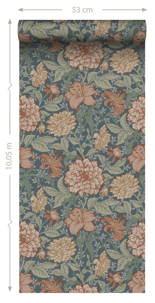 ESTAhome behang vintage bloemen vergrijsd blauw - 53 cm x 10.05 m - 139642